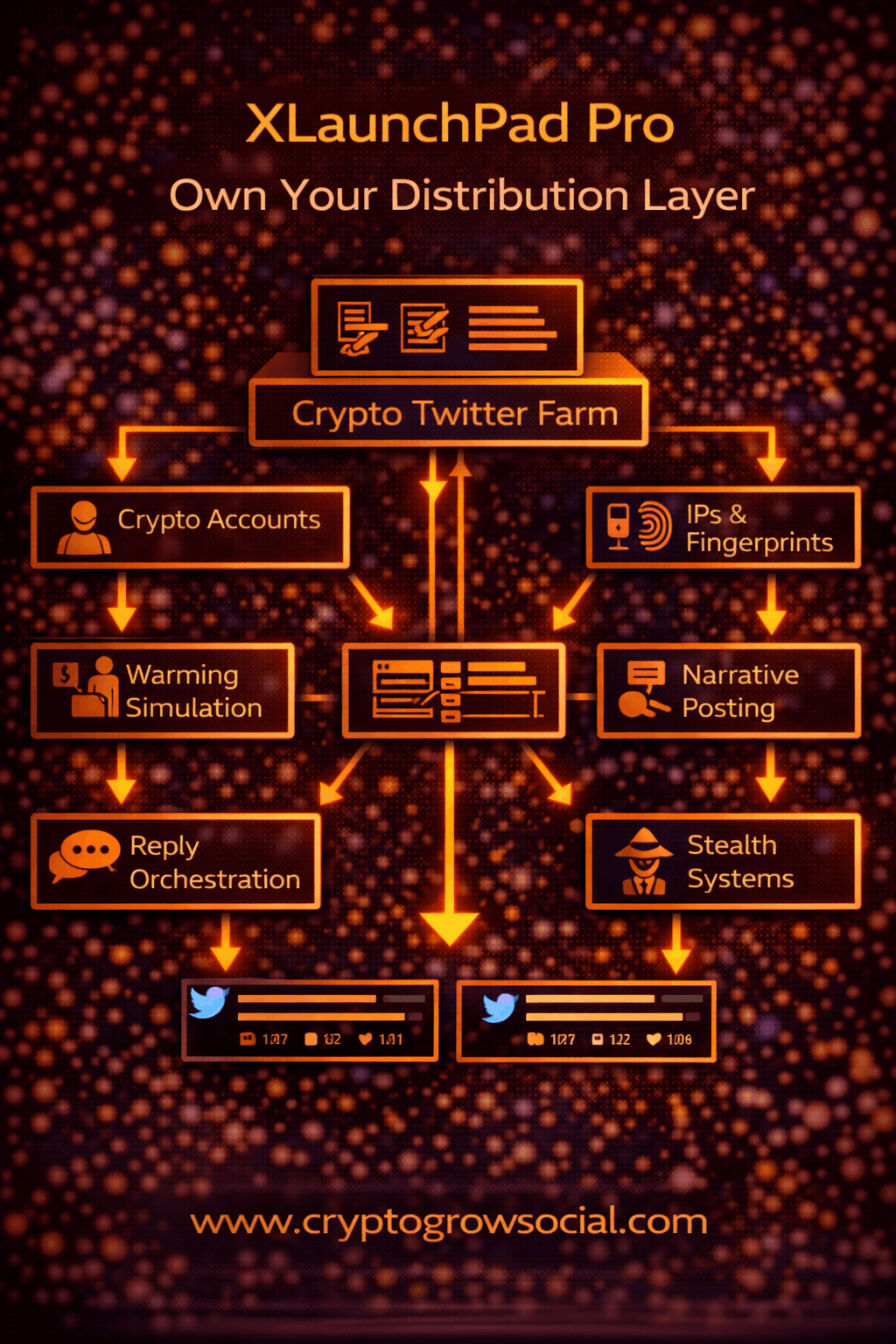 XLaunchPad Pro system controlling a crypto Twitter farm with accounts, IP isolation, warming simulation, narrative posting and analytics