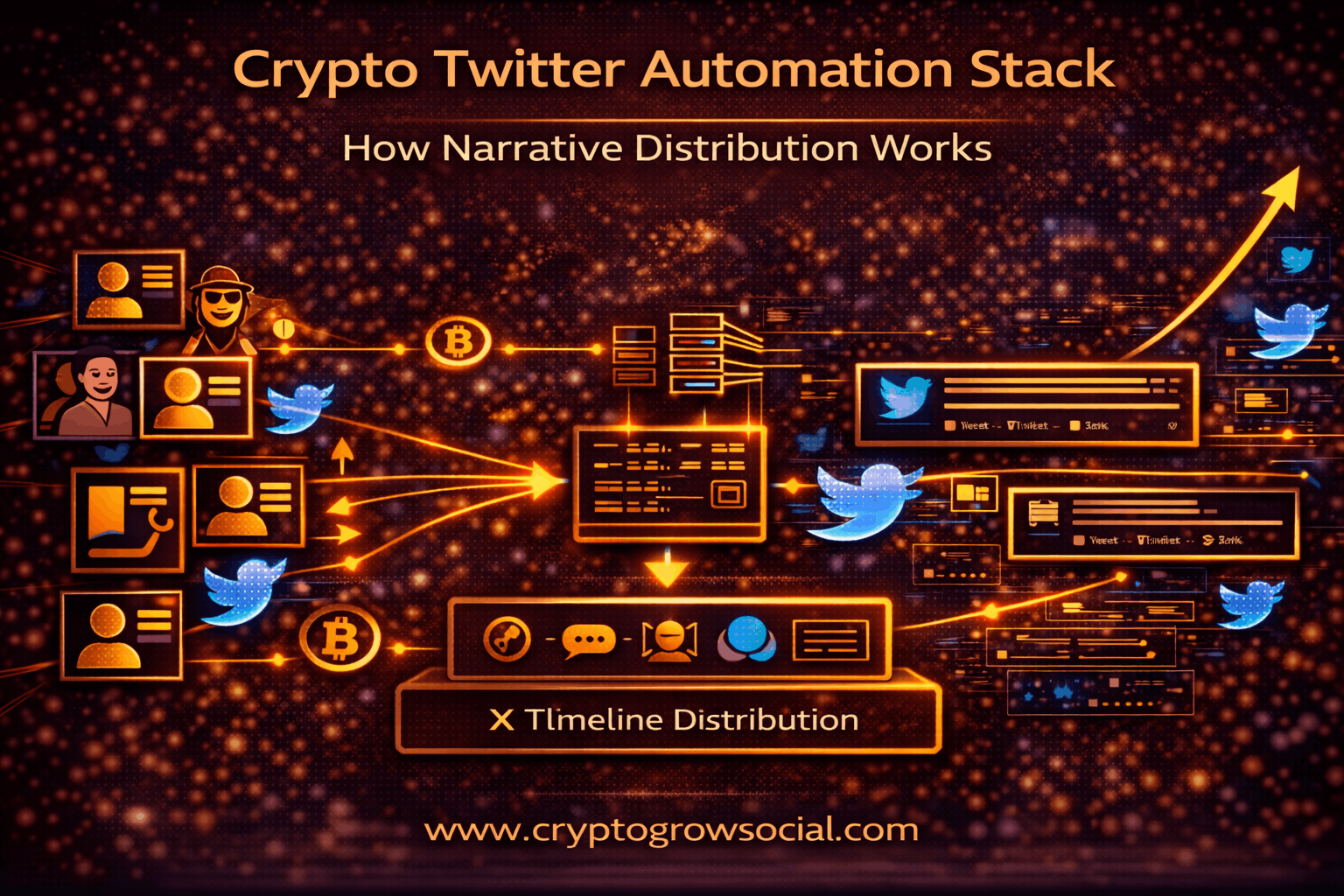 Crypto Twitter automation stack infographic showing identity, control, content, engagement, and safety layers