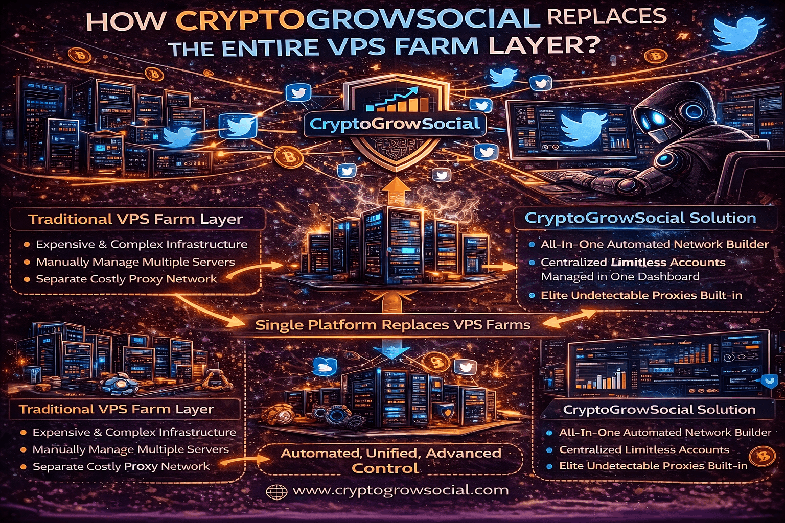 How CryptoGrowSocial Replaces the Entire VPS Farm Layer?